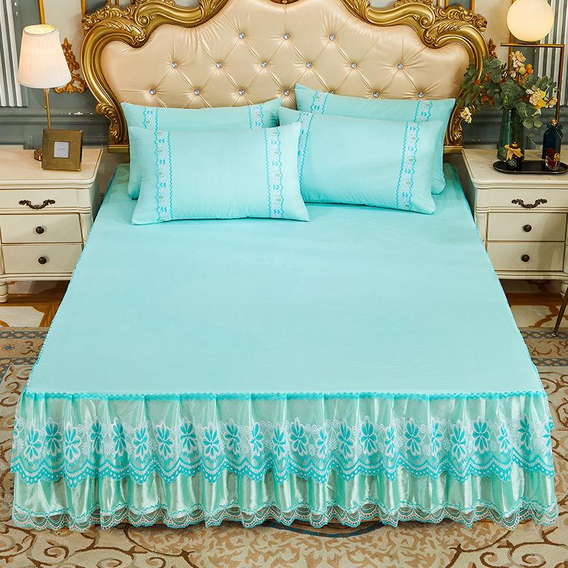 3pcs Set Soft Lace Bed Skirt King Queen Size Bedspread Solid Color Luxury Princess Romantic Bed Spread with Pillowcase