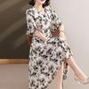 Elegant V-Neck Folds Drawstring Dresses Summer Rose Printed Women's A-Line Waist Korean Asymmetrical Long Dress