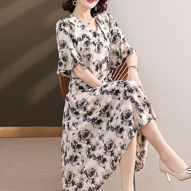 Elegant V-Neck Folds Drawstring Dresses Summer Rose Printed Women's A-Line Waist Korean Asymmetrical Long Dress