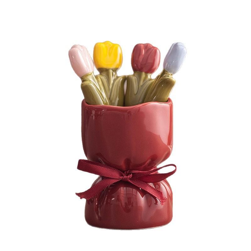 Creative and Cute Flowers Tulip Stainless Steel Fruit Fork Cutlery Fork Cartoon Bouquet Storage Set Food Decoration