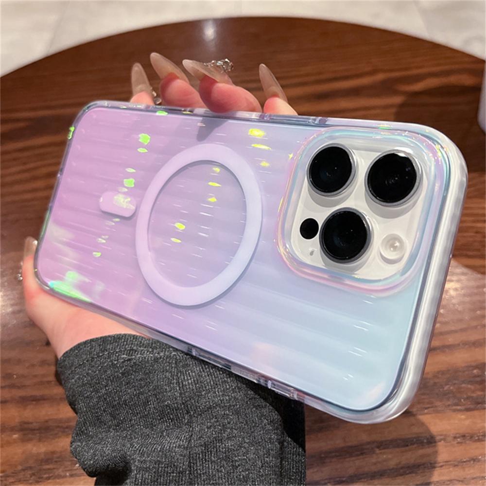Luxury Aurora Laser Gradient Stripes Magnetic For Magsafe Case For iPhone 17 15 14 13 16 Pro Max Plus Wireless Charging Cover