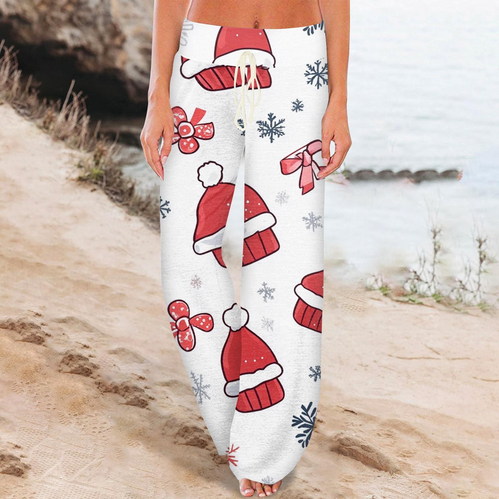 

Женские удобные брюки-слип с рождественским принтом, широкие брюки на шнурке, повседневные брюки XXL винный