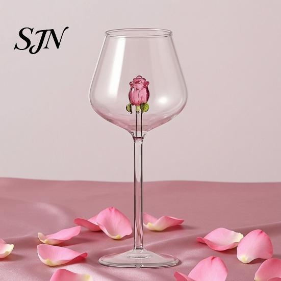 Bicchieri di Lusso per Feste Bicchiere da Vino Rosso con Rose e Foglie Verdi Decorato, Calice Trasparente Squisito Design Floreale, Bicchiere Decorativo,