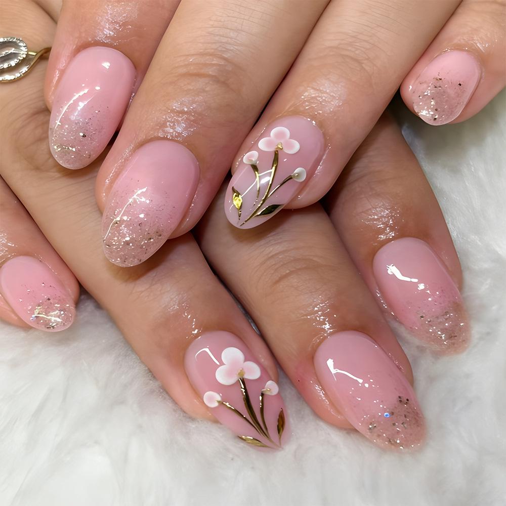 Spring/Summer Pink Glitter Floral High-Fashion Almond Wearable Nails - 24 Removable Tips