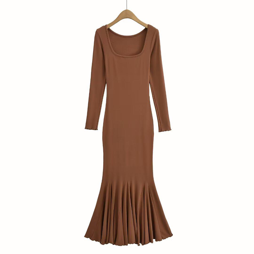 

2025 Fleece-Lined Square Neck Fishtail Dress – Multi-color, Long Sleeve, Elegant Style for Commuting and Dating Medium кавовий