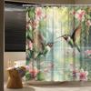 Hummingbird Floral Shower Curtain Spring Pink Floral Green Leaves Waterfall Lake Misty Forest Spring Wildflowers Rustic Plant