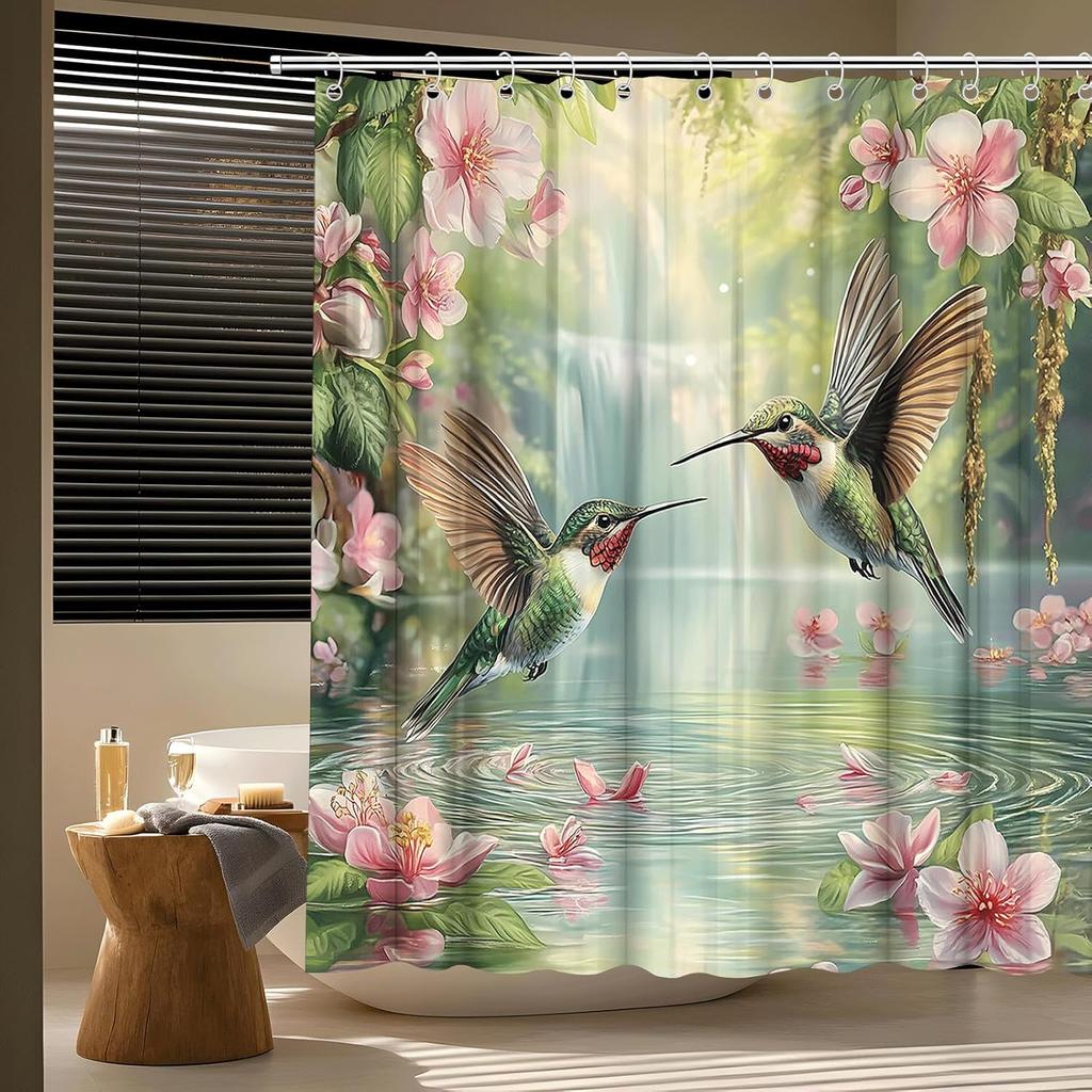 Hummingbird Floral Shower Curtain Spring Pink Floral Green Leaves Waterfall Lake Misty Forest Spring Wildflowers Rustic Plant