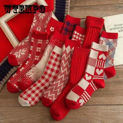 Winter Ladies Red Socks In Tube Warm Cotton Printed Socks Christmas Socks Gifts