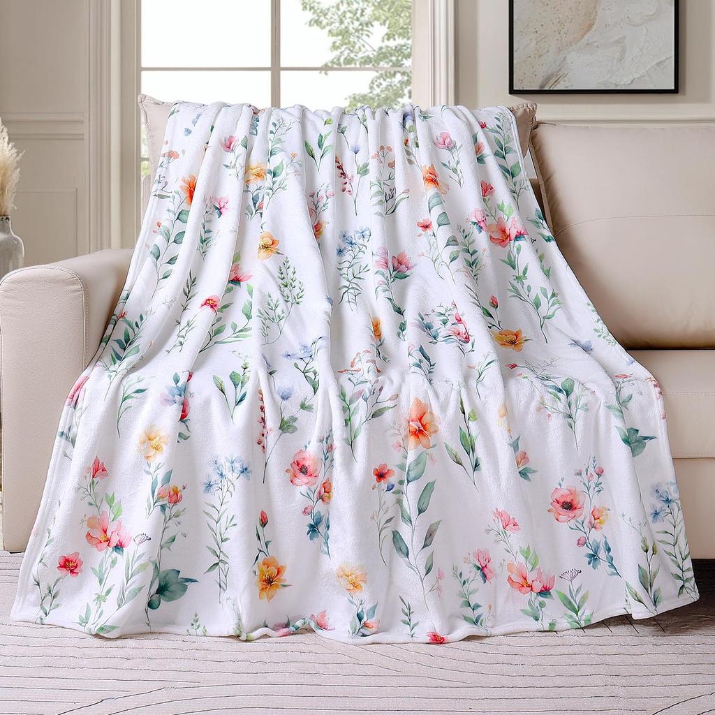 Wildflowers Throw Blanket Botanical Floral Printed Blanket Super Soft Flannel Throw Blankets Lightweight Fluffy Plush F