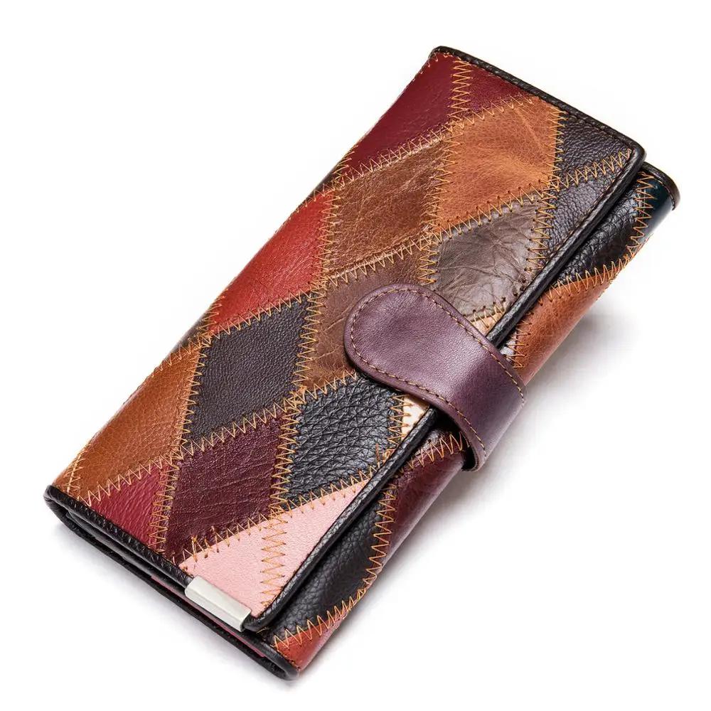 Women's Purse Three Fold Spliced Genuine Leather Wallet Women Retro Boho Purses Coins and Cards Ladies Wallets Long Clutch Bag Women Wristlet Wallets
