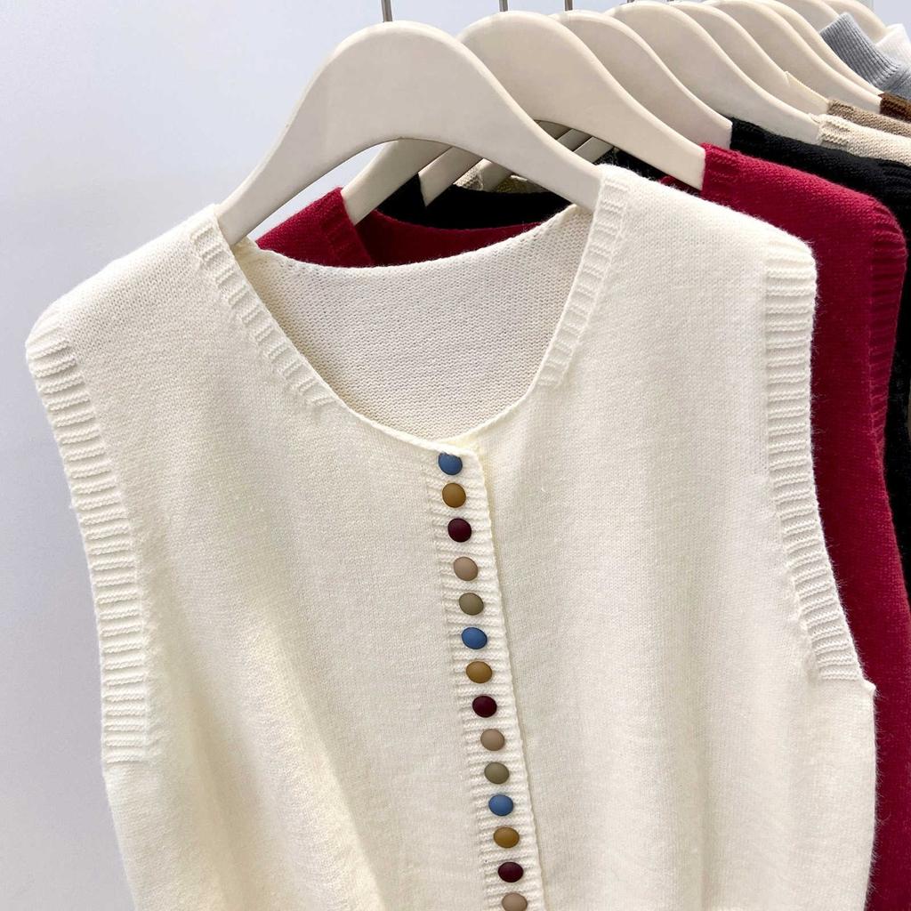 Korean, Rainbow, Single Breasted, Knitted Shoulder, Women's, Sweater, Stacked Cardigan, Vest