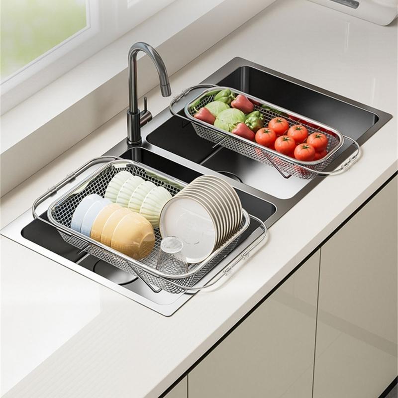 Space Saving Expandable Sink Drainer Basket Stainless Steel Dish Rack Drying Organizers for Kitchen Counter