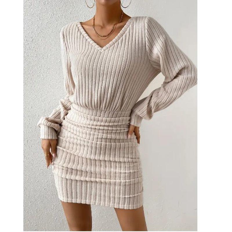 Small Autumn and Winter New V-neck Fashion Solid Sanding Sunken Stripe Double Purpose Method Slim Fit Sheath Long Sleeve Dress Women