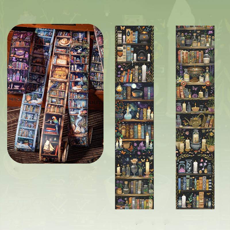 Dark Magic Bookcase Pet Tape Set With Clip, Waterproof Gothic Scrapbook Sticker Rolls