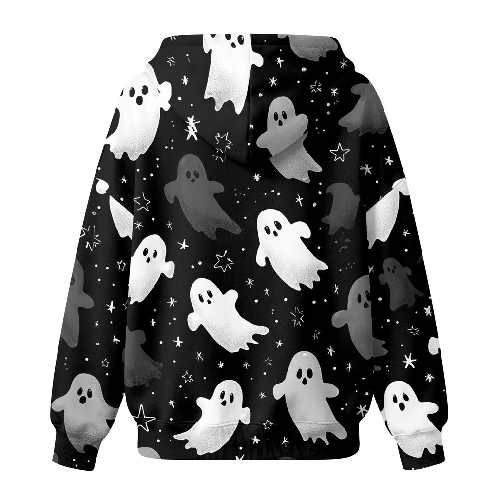 Women's Fashionable Casual Halloween Print Drawstring Hooded Pullover with Pockets