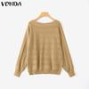 VONDA Autumn Winter Women Scoop Neck Long Sleeve Knitted Hollow Sweater Jumper Tops