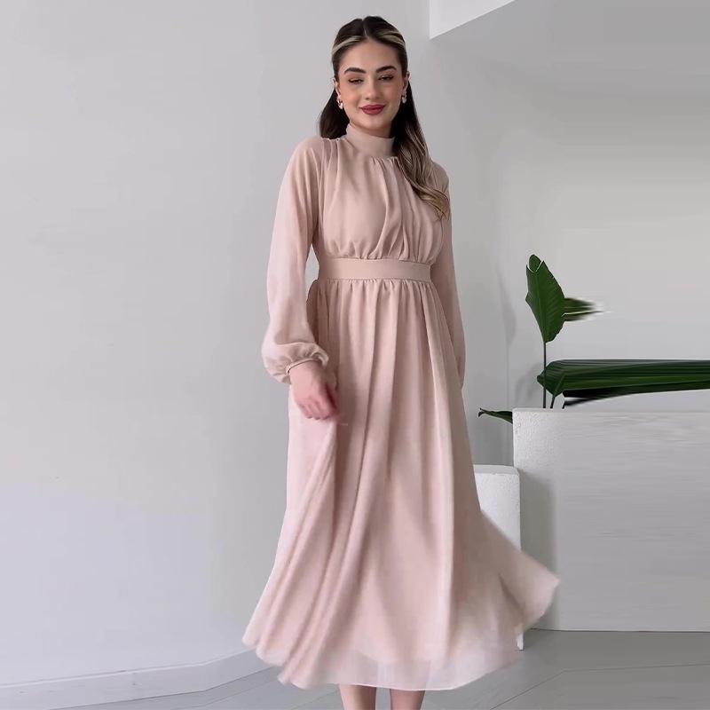 2024 Herbst Damen Einfarbig Rundhals Rüschen Langkleid
