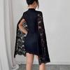 Fashion Lace Small Stand Collar Slit Long Sleeve Sexy Dress Autumn Winter Women Mature Style French Retro Patchwork Slim Sexy Elegant Women Maxi Dress