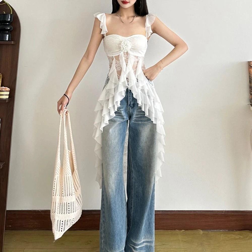 Transparent Lace Flower Tassel Camisole Ruffled Edge Sleeveless Top Women Mesh Ribbon Dress  Party
