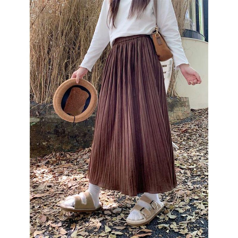 

Solid Color Vertical Striped Long Skirt Women s Pure Color Casual Swing Long Skirt Coffee All yards