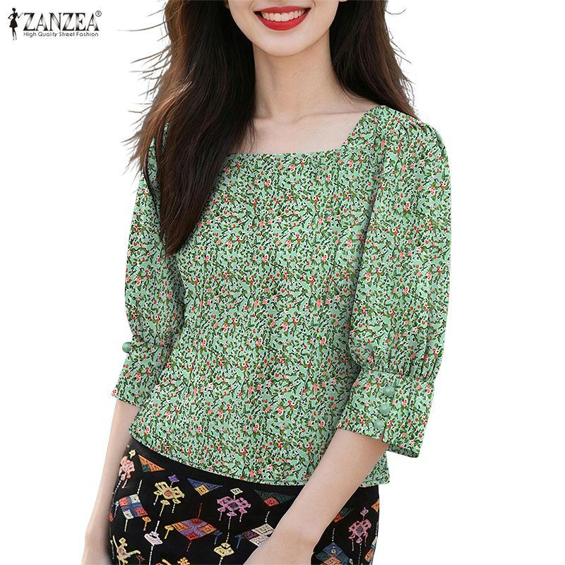 

ZANZEA Женская летняя блузка с квадратным вырезом, рукавами 3/4 и цветочным принтом XL зелёный