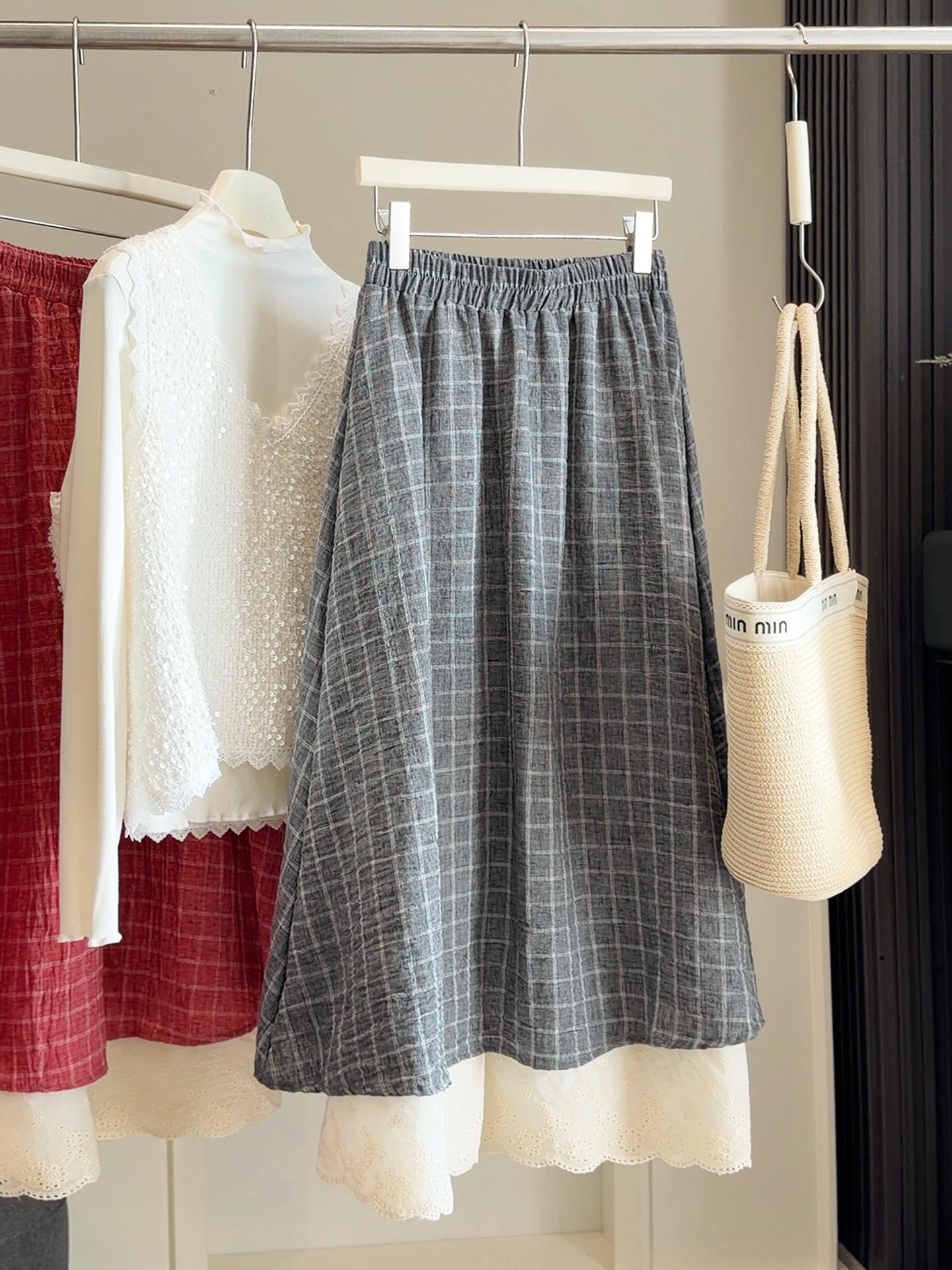 

2026 Spring Retro Plaid A-line Midi Skirt with Lace Trim and Elastic High Waist for Women One Size сірий колір