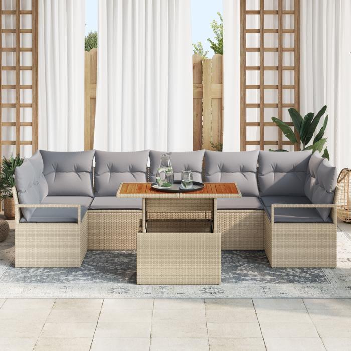 Ensemble de Canapé de Jardin 8 pièces avec coussins Beige Rattan poly, Canapé de Jardin 2 places avec rangement et coussins 3358415
