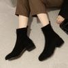 Fashion Autumn New Elastic Women's Short Boots Thick Heel Front Zipper Femme Shoes Square Toe Heel Black Suede Women's Botas Femininas
