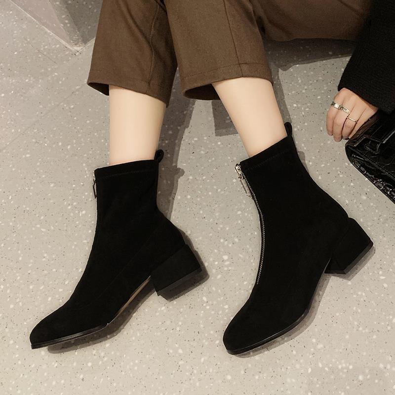 Autumn New Elastic Women's Short Boots Thick Heel Front Zipper Femme Shoes Square Toe Heel Black Suede Women's Botas Femininas
