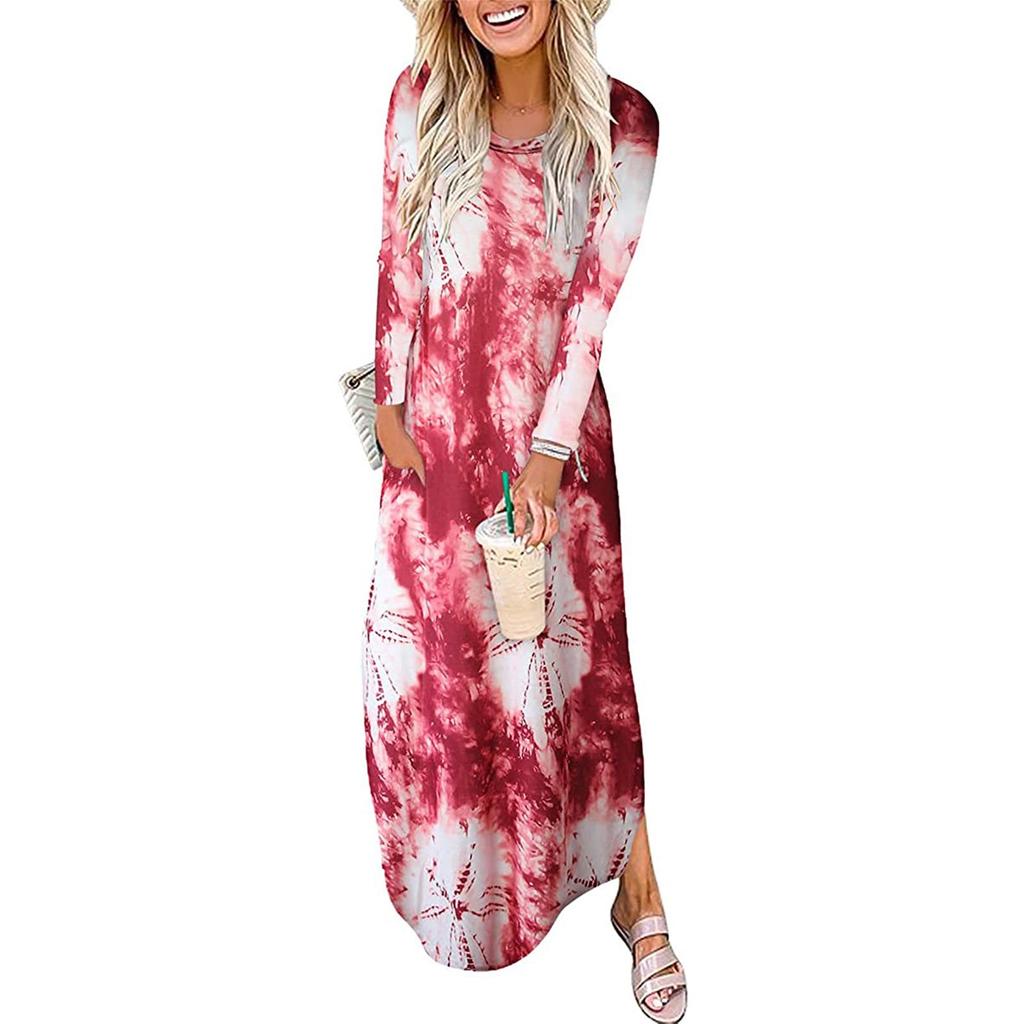 Fashion Womens Loose Long Sleeve Long Dress Round Neck Slit Pocket Ladies Dress