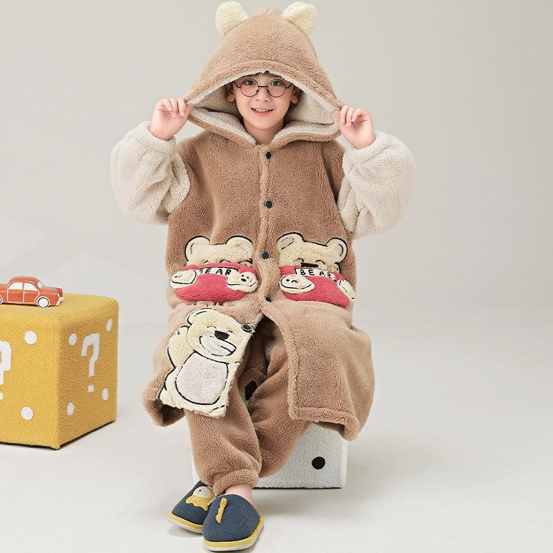 Kids Flannel Pajamas Set Boys Girls Warm Long Sleeve Top And Pants Sleepwear Winter Home Nightwear