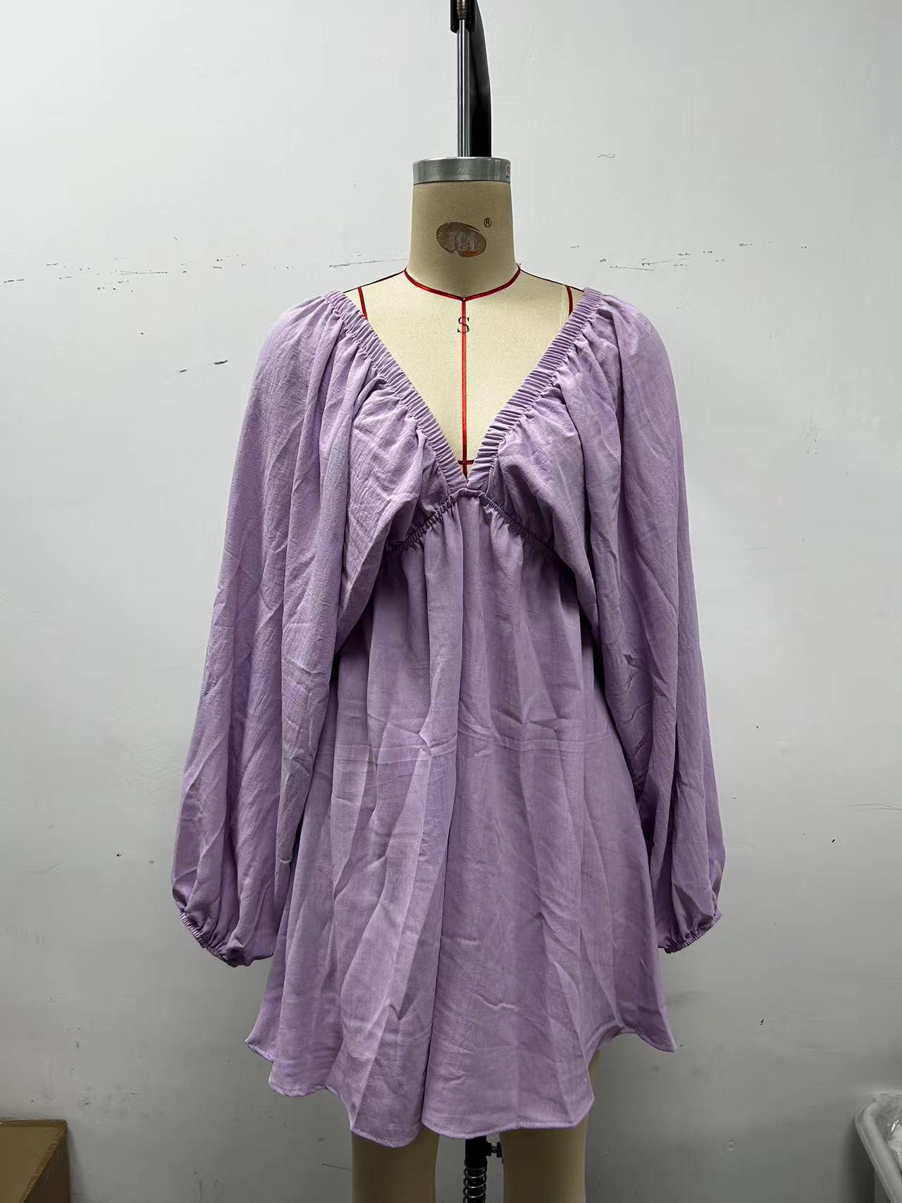 

Elegant Deep Neck Long Sleeve Puff Dress Extra Large фіолетовий