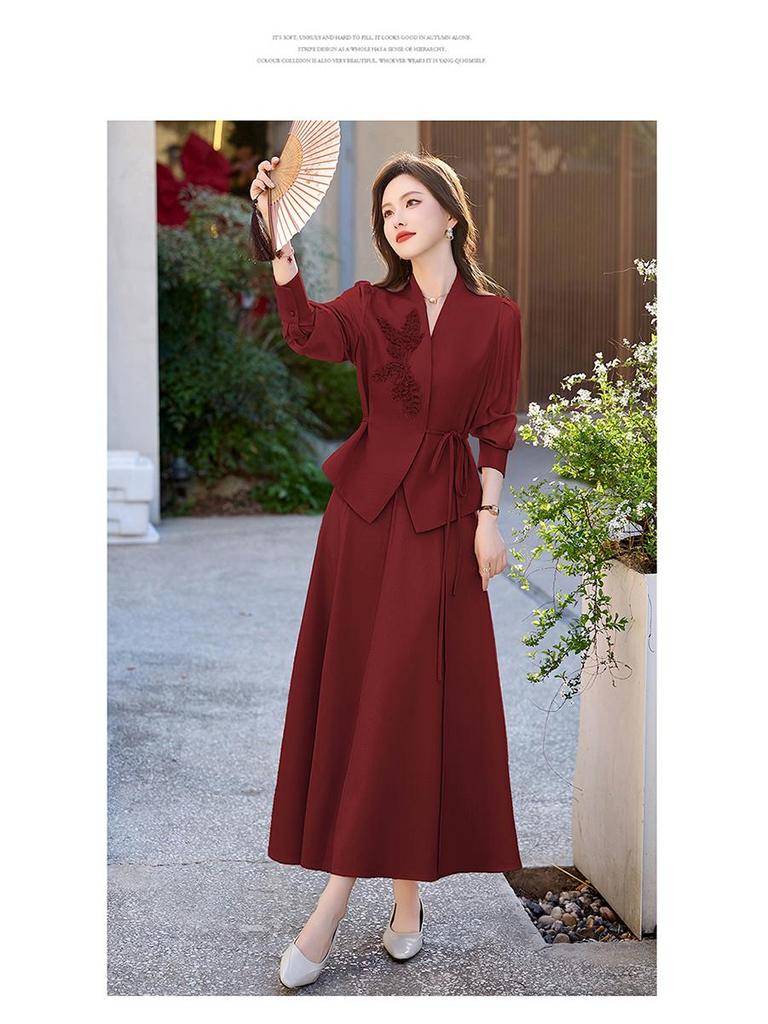 Red Elegant Women's Suit Set: Chic Waist-Slimming Shirt & Midi Skirt for Spring/Autumn 2025.