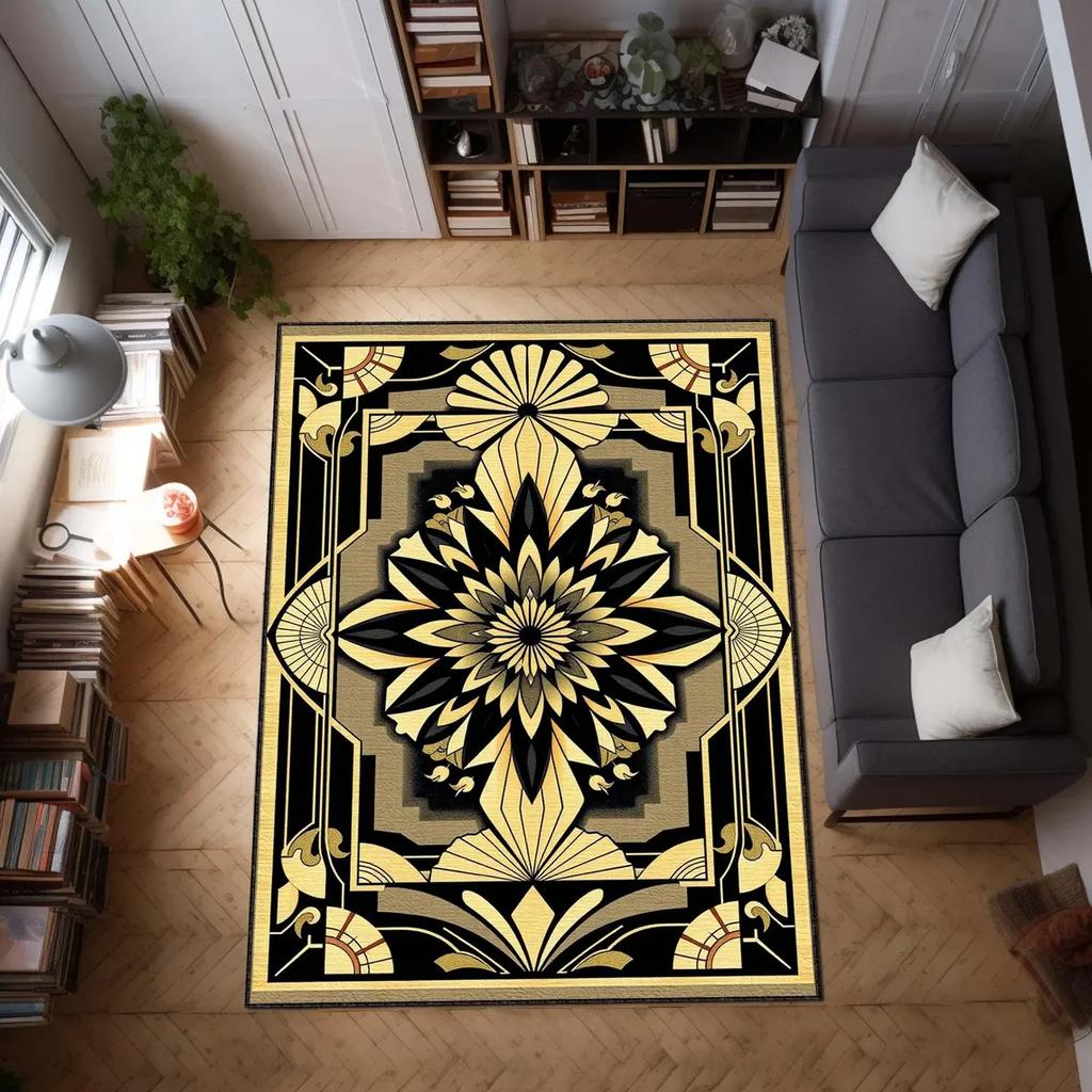 Blue Art Deco Area Rug Geometric Vintage Style Carpet Bold Glam Floor Mat for Modern, Elegant Rug Luxury Home Decor, Modern Rug