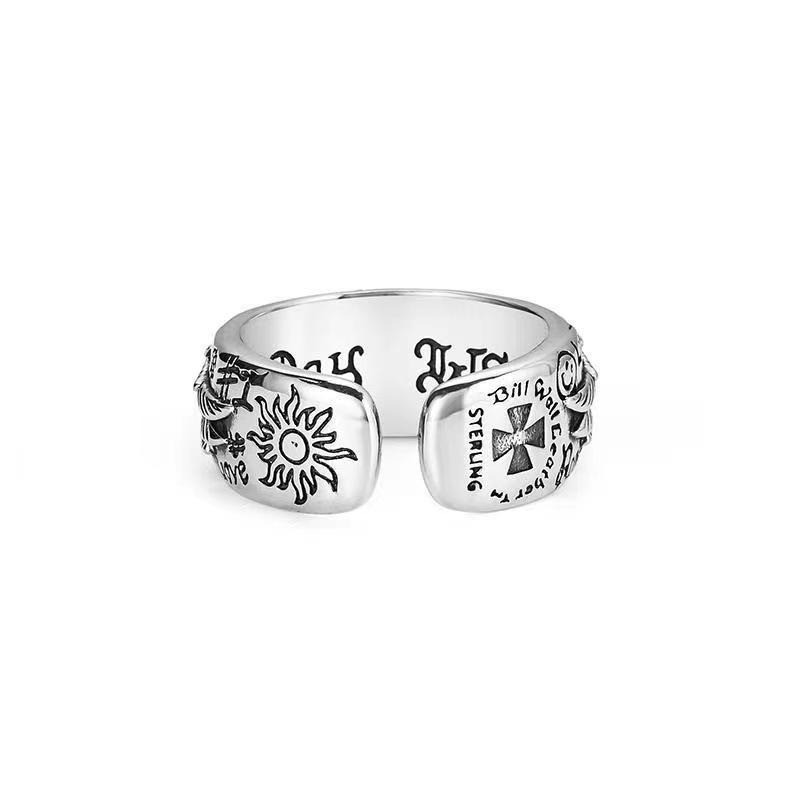 Unisex Retro Thai Silver Sunflower Graffiti Wing Ring - Adjustable & Stylish