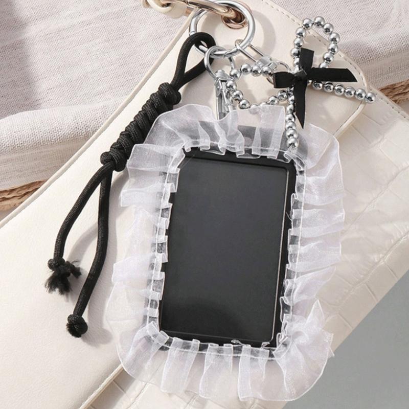 Elegant Badge Holder Gothic Bowknot Keychain Beaded Lace Card Charm Accessory Alternative Fashion Keyring