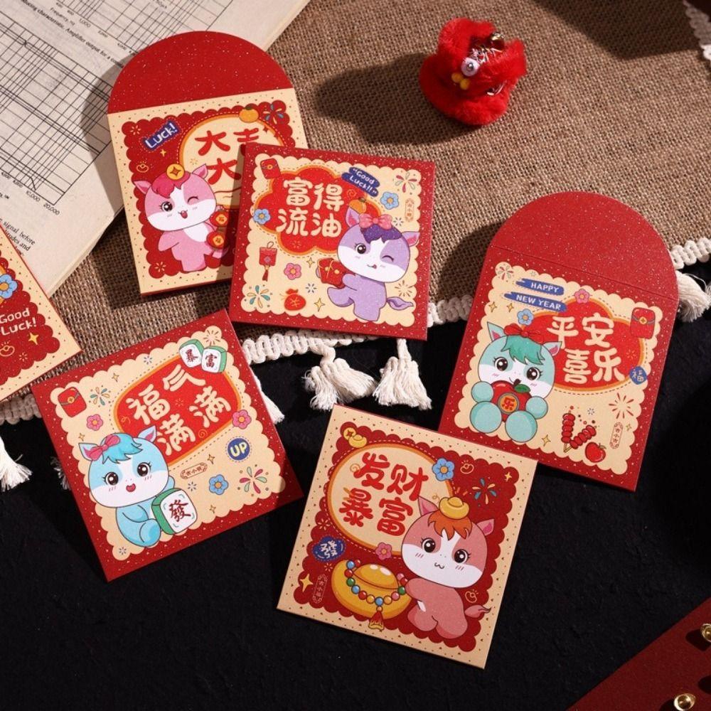 6Pcs Cartoon 2026 Horse Year Red Envelope Paper Red Pocket Cute Lucky Money Bag  Lunar New Year