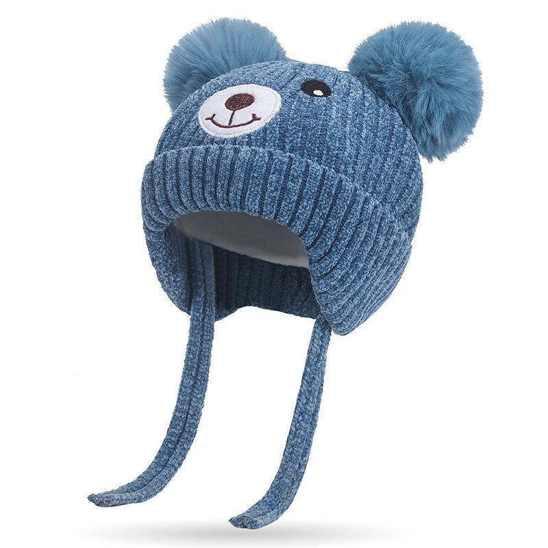 Cartoon Bear Baby Hat with Strap Winter Warm Knitted Velvet Child Boys Girls Hat Bonnet 1-5Years Infant Toddler Kids Beanie Caps