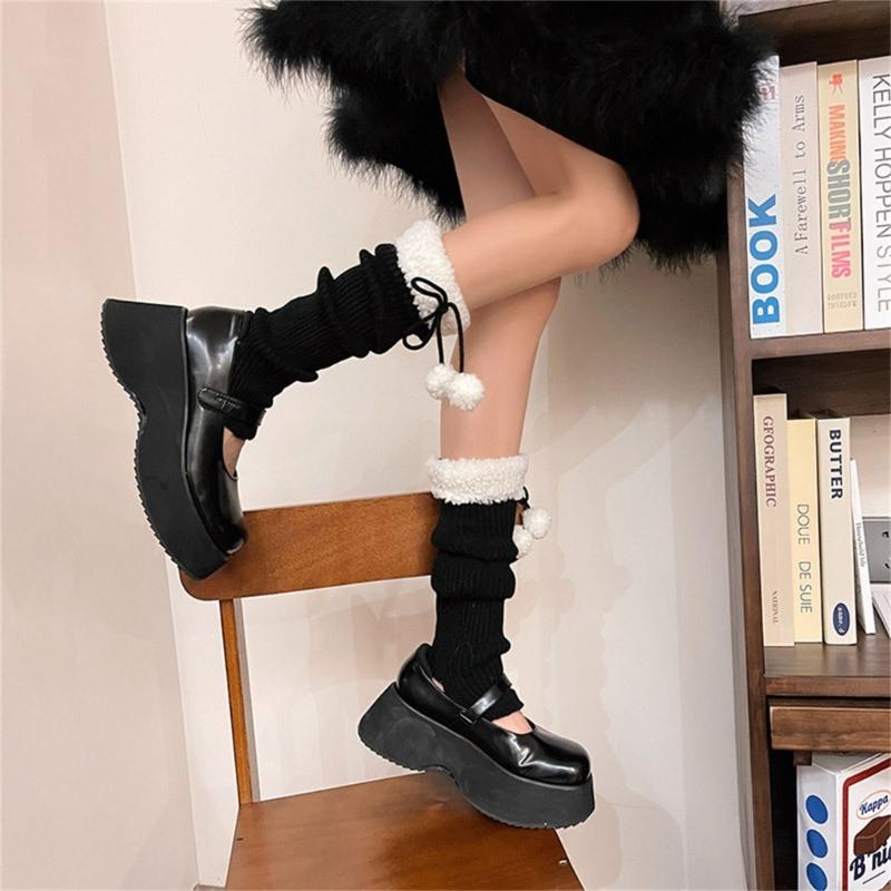 Lolitas Leg Warmers for Women Girls White Ball Knitted Leg Sleeves Winter Warm Ankle Heap Socks JK Uniform Foot Cover