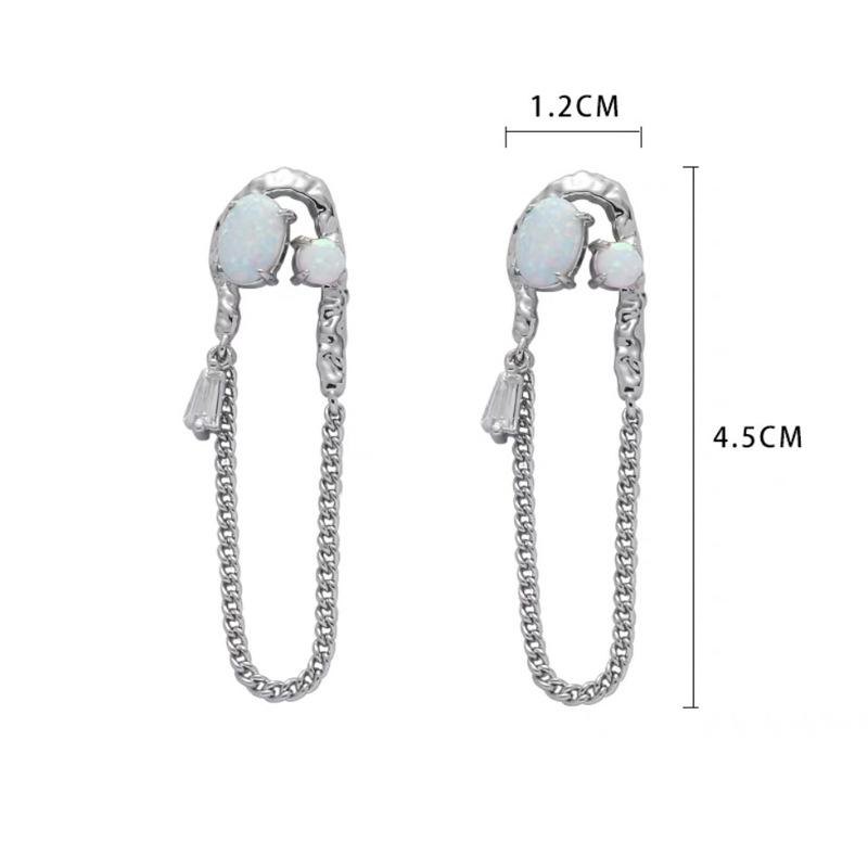 Opal stone chain fringed long earrings exquisite Spice Girls ins Korean 925 silver needle stud earrings premium sense earrings