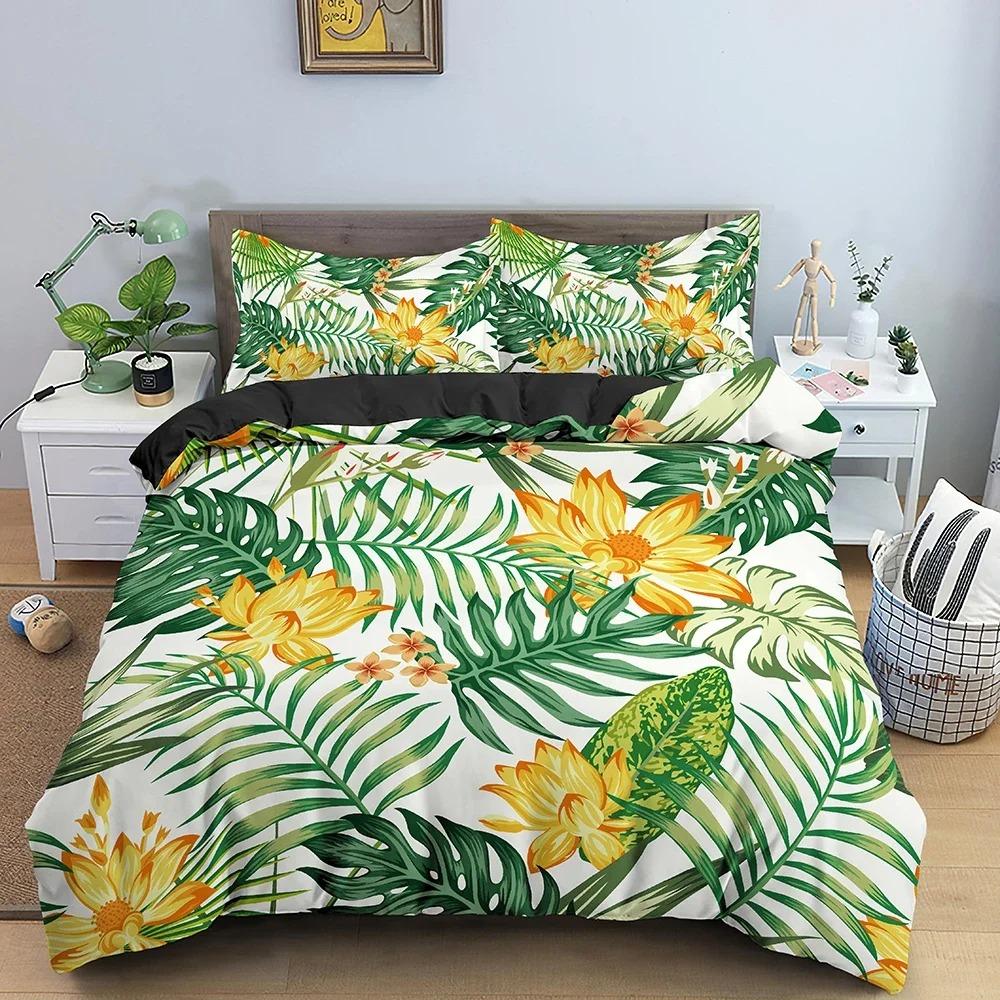 Zielone Liście Roślin Zestaw Poszwy na Kołdrę Kwiatowy Zestaw Pościeli Tropikalny Wzór Kołdra Kołdra Pokrowiec z Poszewką na Poduszkę Tekstylia Domowe