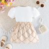 2PCS Baby Girl Puff Sleeve Ribbed Top & Bow Print Pleated Skirt Set, Cute Daily Outfit