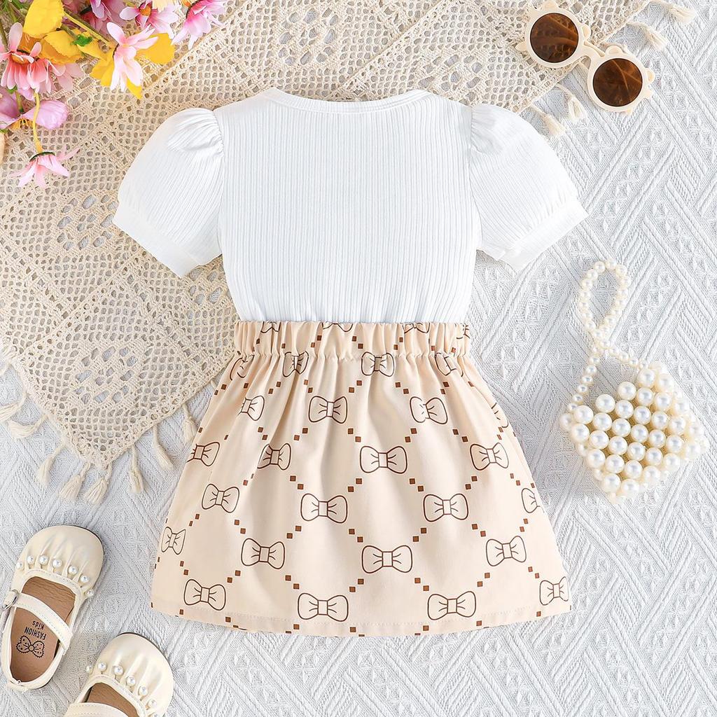 2PCS Baby Girl Puff Sleeve Ribbed Top & Bow Print Pleated Skirt Set, Cute Daily Outfit