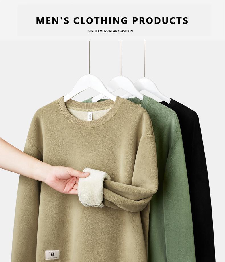 Men's Heavyweight 600G Lambswool Hoodie, Velvet Thickened Fleece, Round Neck, Warm Pullover, Autumn Winter Outerwear.