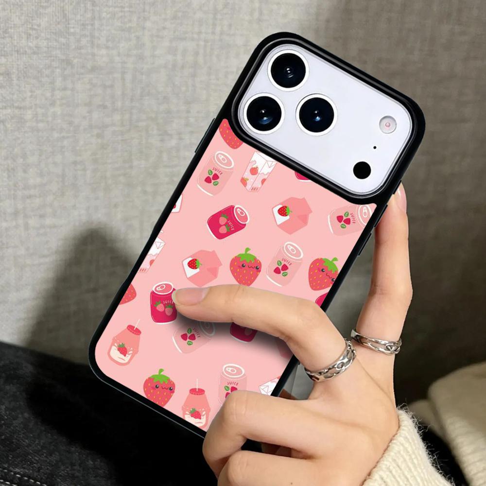 Capa Case for iPhone 17 Air 16 Pro Max 15 Plus 11 13 Mini 14 12 Back Phone Cover Kawaii Strawberry Milk