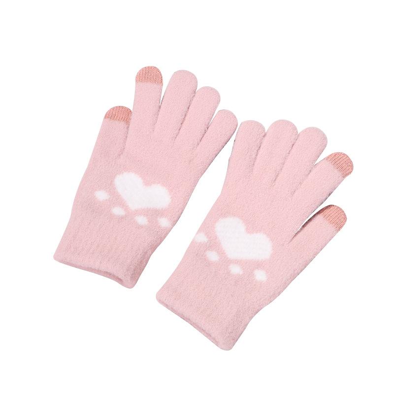 Touchscreen Cat Paw Warm Gloves Women Autumn Winter Fleece Lined Knit Mittens