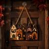 Festive Castle Pattern Plaque Halloween Wooden House Hanging Pendant with Hemp Rope for Wall Door Trick or Treat Party Props Decoration, Haunted