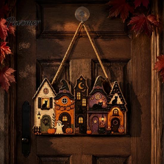Festive Castle Pattern Plaque Halloween Wooden House Hanging Pendant with Hemp Rope for Wall Door Trick or Treat Party Props Decoration, Haunted
