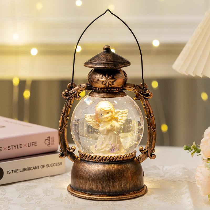 Retro Christmas Ornament: Crystal Ball Music Box & Oil Lamp Horse Decor