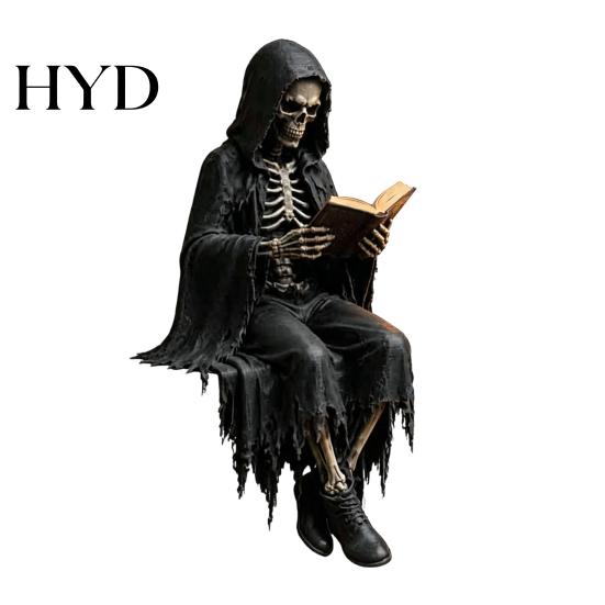 Halloween-Figur Harz Gotisch Dark Fantasy Figur, Lesender Kapuzen-Sensenmann Statue, Skelett Statue Sitzend für Bücherregal Heimdeko